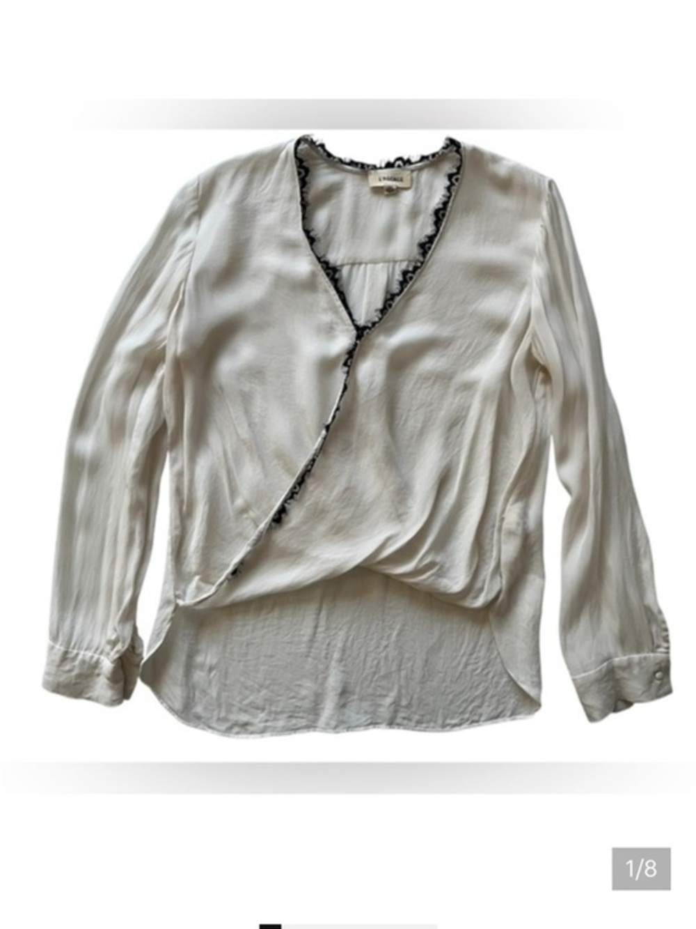 L'AGENCE silk Cream Blouse with Black Ruffle Trim